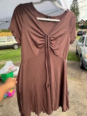 SHEIN Brown Short Sleeve Drawstring Front Midi Dress